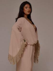 MUSERA Plus Size Cheesecloth Plunge Wrap Front Fringed Long Sleeve Top,Dusty Pink,Autumn,Boho,Vacation,Holiday Beach Elegant Ibiza Festival Tajine Y2K Social - Apricot - View 4