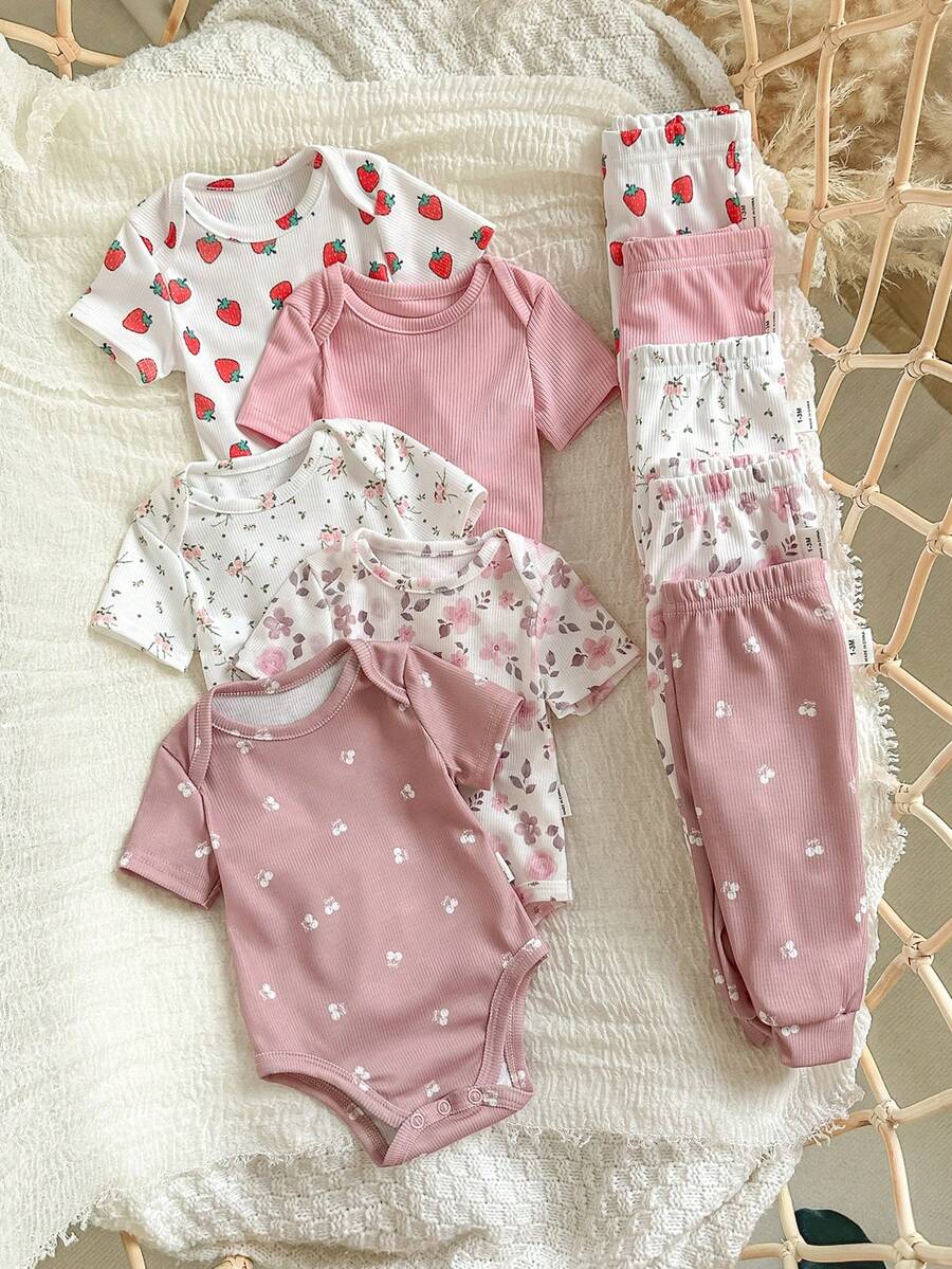 SHEIN 10件套新生女宝宝休闲可爱波点长袖T恤和松紧腰裤套装 - 彩色 - 查看 1
