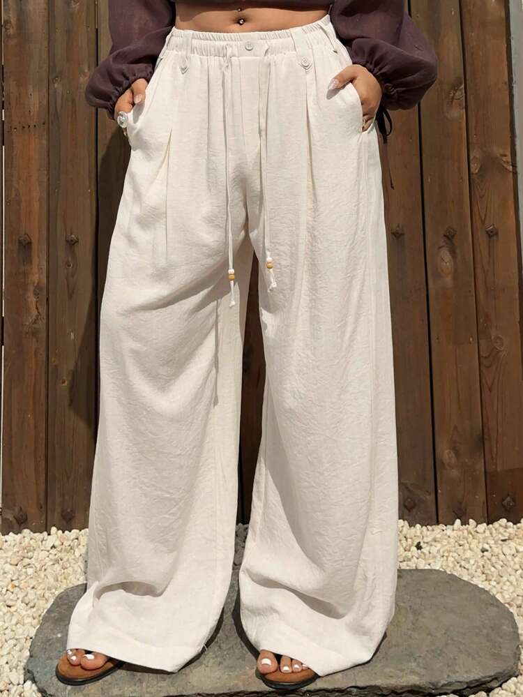 Dazy Plus Plus Size Women's Solid Color Drawstring Waist Wide Leg Loose Casual Pants Summer