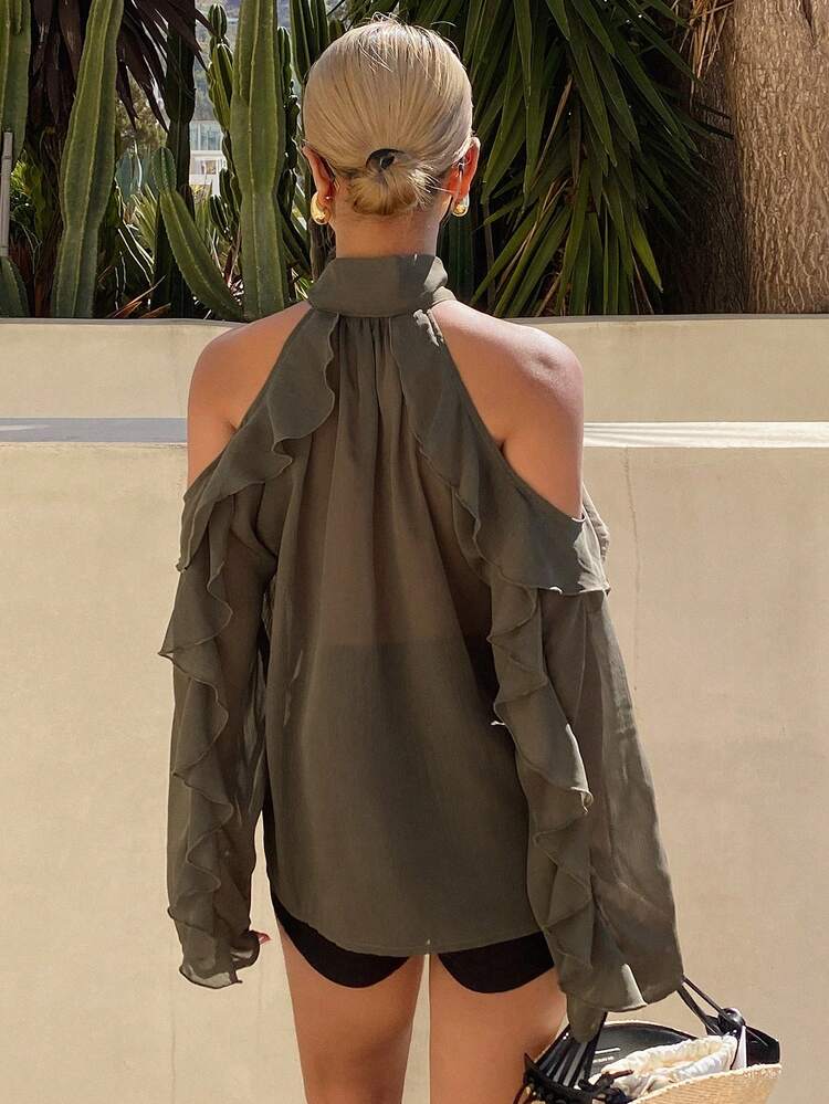 Women's Sexy Vacation Style Solid Color Twist Collar Cutout Shoulder Floral Lace Sheer Blouse, Spring/Summer