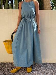 DAZY Đầm denim dài không tay cổ tròn, thắt eo, thích hợp cho nữ mùa hè, kiểu dáng thường ngày, thích hợp cho kỳ nghỉ. - Rửa trung bình - Xem 3