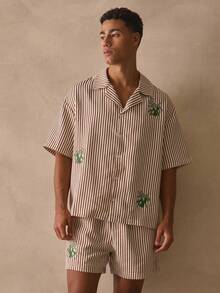 Musero Short Sleeve Dropped Shoulder Pinstripe Top Revere Collar Button Through Olives Graphic Printed Shirt Spring Summer Essentials Holiday - Brown - View 1