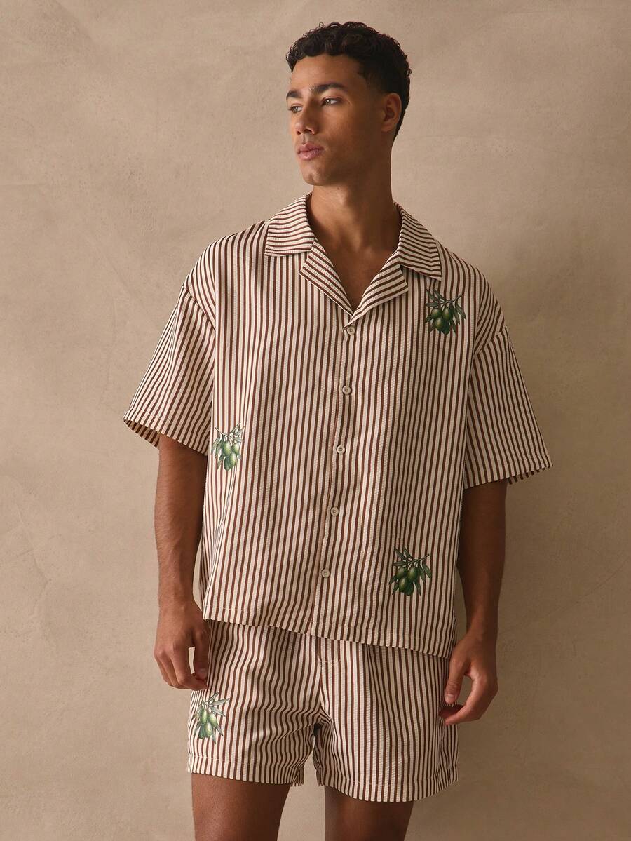 Musero Short Sleeve Dropped Shoulder Pinstripe Top Revere Collar Button Through Olives Graphic Printed Shirt Spring Summer Essentials Holiday - Brown - View 1