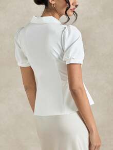 Briarwyn 2026 新款夏季女式纯色翻领休闲短袖衬衫，春夏款，情人节，度假，白色衬衫，黑色/云舞色 - 白色 - 查看 4