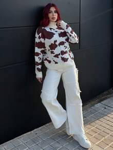 Bearsaez Novo suéter marrom de outono, roupas femininas, outono, casual, gola alta, textura de leite, suéter com estampa de vaca, outono/inverno, suéter marrom feminino, suéter de inverno, suéter de outono, blusa com estampa de leopardo - Multicolorido - Ver 4
