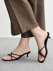 CUCCOO BIZCHIC 女士鞋履 春夏新款黑色条纹高跟凉鞋拖鞋 时尚简约舒适 百搭通勤性感凉鞋 女鞋 - 黑色鏡面 - 查看 3