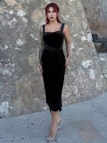 Bearsaez 前部扭结、宽肩带优雅裹身连衣裙 - 黑色 - 查看 6