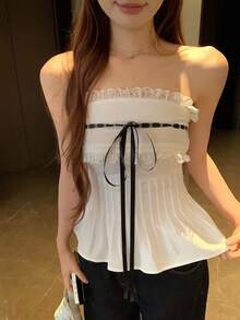 DAZY 女士蕾丝拼接无肩带吊带衫 - 白色 - 查看 5