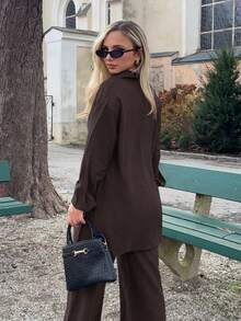 Jeta Ari Bộ đồ hai mảnh nữ Chia Nút phía trước màu trơn Giải trí - Cà phê nâu - Xem 2