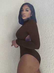 Alexandranx 女士性感镂空长袖紧身衣 - 咖啡棕 - 查看 4