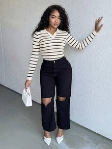 Alexandranx Women's Striped Turtleneck Long Sleeve Fitted Sweater, Autumn/Winter - Beige - View 4