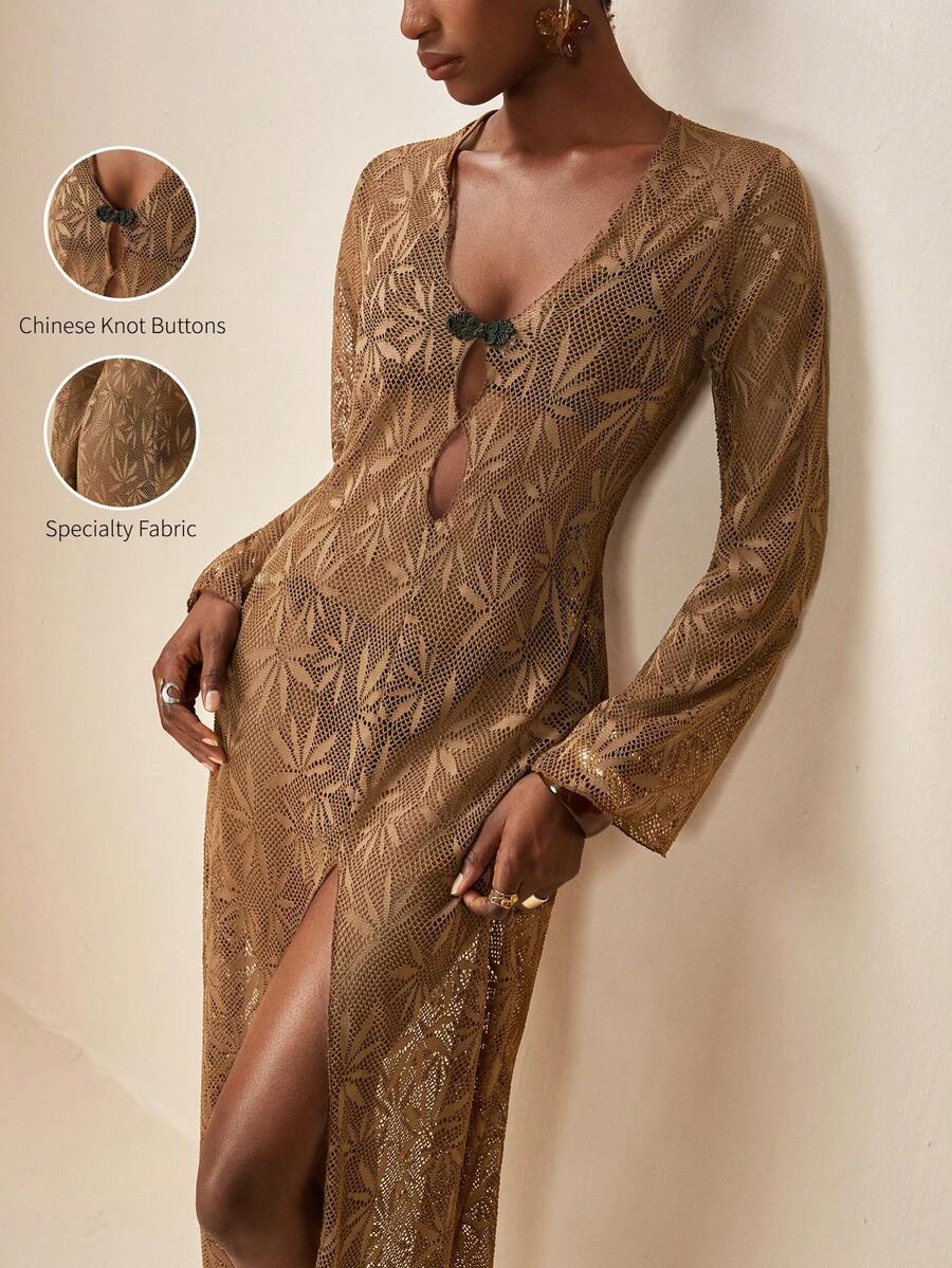Zivah 2026 Women's Vacation Casual Beach Sheer Botanical Hollow-Out Dress Cover Up, Brown - Brown - View 1