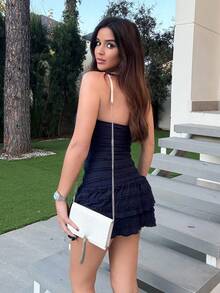 Maca Silvats 女士夏季挂脖系带腰部荷叶边迷你连衣裙 - 藏蓝色 - 查看 4