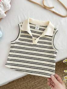 LMoss Kids Young Girl Striped Knit Collared Casual Tank Top - Apricot - View 4