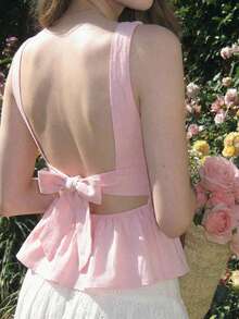 SHEIN MOD 女士粉色露背蝴蝶结系带船领吊带背心，适合夏季假期、春夏、情人节、优雅派对、庆典、海滩度假、度假等场合，风格优雅，适合婚礼、波西米亚风、休闲等场合，可作派对上衣或夏季上衣穿着。 - 粉色 - 查看 3