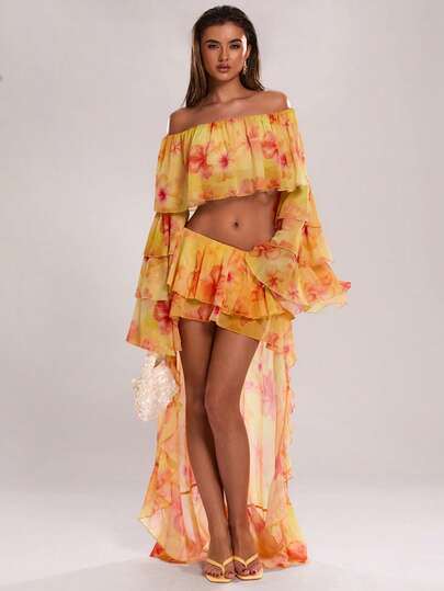 SHEIN BAE Women's Spring & Summer Casual Vacation Floral Print Ruffle Asymmetric Hem Skirt, Beach Resort Skirt, Suitable For Beach Vacation, Casual Vacation, Elegant French Style Skirt, Elegant Casual Skirt