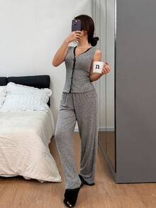 SHEIN Sleeveless V-Neck Cardigan Lace Trim Women Pajama Set - Grey - View 6