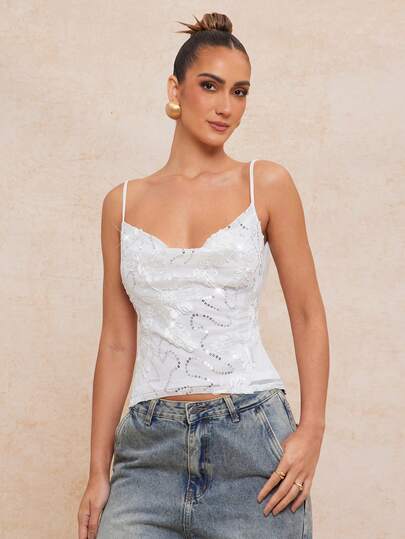 Lumalex Sequin & 3D Floral Appliqué Cowl Top With Draped Back Chain Detail Summer Tank Top, Cropped Top, Spring Break Outfits, Cruise Outfits, Summer Holiday Outfits, Beach Outfit For Women, Party Outfits, Valentine's Day Ideas, Vacation Outfits For Women, Vacation Outfits, Party Outfits, Romantic Valentine Vibes, Neo Girly Mood, Boho Casual Vibes, Quiet Luxury Style, Business Chic, Beach Weekend, Vacay Vibes, Elegant Outfit, Partywear Guidelines, Suitable For Parties, Dates, Going Out, Night Out, Weddings, Holiday, Vacation, Birthday Parties