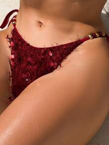 SHEIN Swim Vcay Bộ bikini đính sequin đỏ mới về mùa xuân/hè dành cho nữ, đồ bơi có thể tháo rời, thích hợp cho kỳ nghỉ, hẹn hò, dây đeo đính hạt hình mắt mèo ánh kim. - Đỏ - Xem 7
