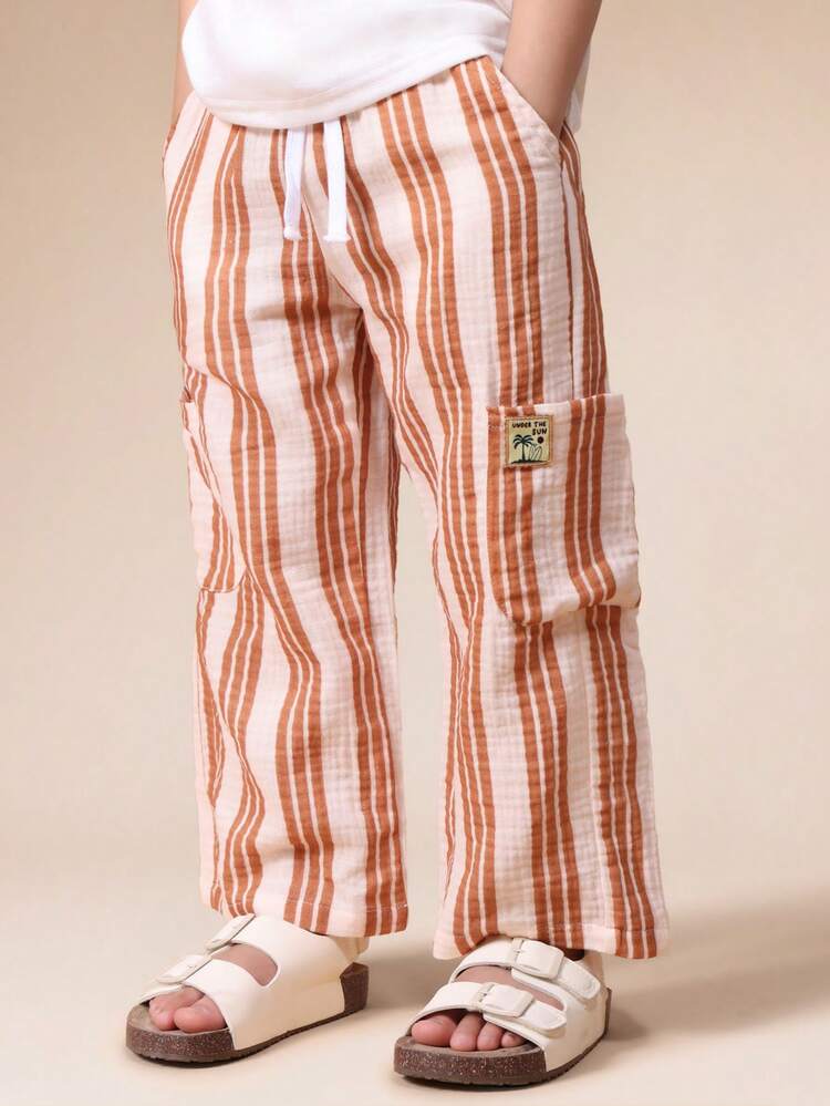 Young Boys Striped Cargo Pull On Pants With Elastic Waistband And Side Pockets Casual Everyday Wear