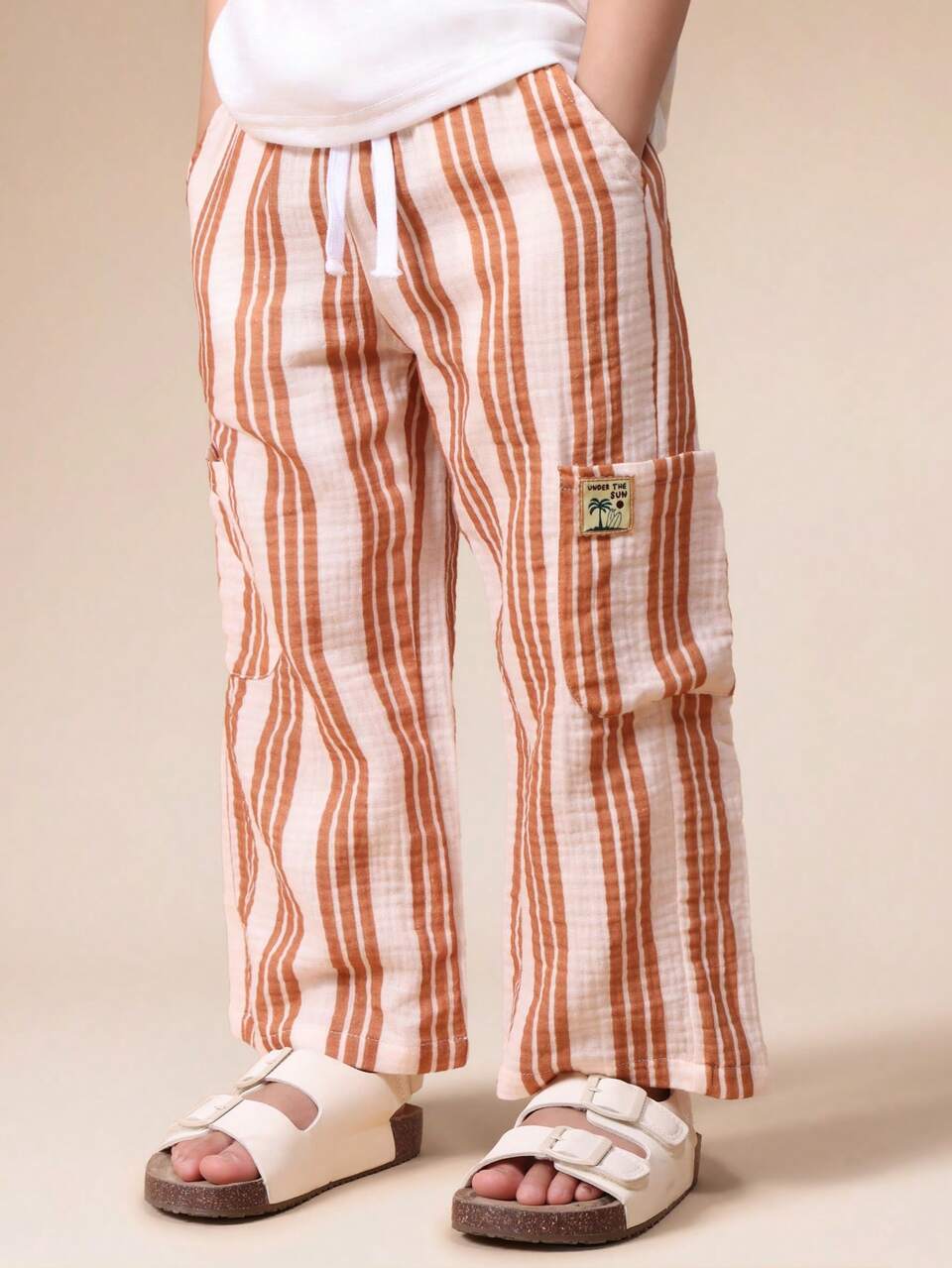 Pantaloni cargo a righe per ragazzi con vita elastica e tasche laterali, per uso casual quotidiano
