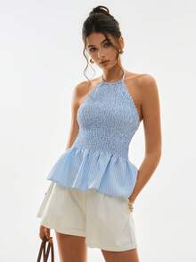 Poéselle Áo hai dây hở lưng cổ yếm kẻ sọc thời trang đi nghỉ mát dành cho nữ - Màu xanh lam - Xem 1