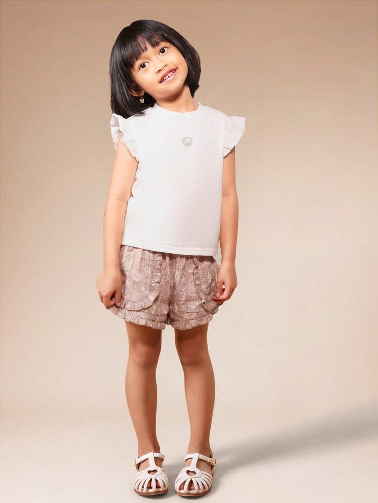 Flutter Sleeve Crew Neck T-Shirt With Shell Print Ruffle Hem Shorts Summer Co-Ord Set