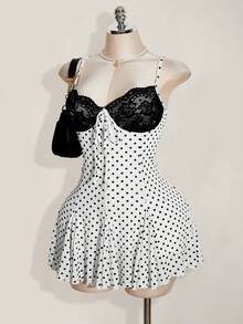 SHEIN ICON 大码女式波点撞色蕾丝连衣裙 - 黑與白 - 查看 4