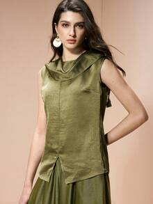 Aveloria Modichic Elegant Olive Green Summer Women's Dress,Glossy Fabric Tassel Trim Turtleneck Bohemian Vacation Outfits,Versatile Tea Party Stylish Everyday Wear - Olive Green - View 5