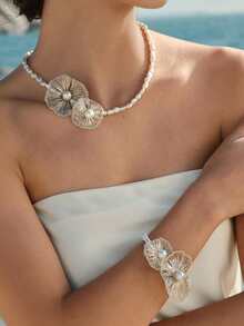 Opalesca Dây chuyền/vòng tay mạ vàng 18k hình hoa móc đặc biệt bất đối xứng đính ngọc trai giả, cao cấp/thanh lịch/sang trọng/đeo hàng ngày/tối giản, ngọc trai/pha lê, dành cho mẹ/phụ nữ/bé gái/người mẹ, mùa hè/bãi biển/lễ hội/tiệc tùng/kỳ nghỉ/du lịch, lễ đính hôn/đám cưới/lời hứa, cô dâu, hình trái tim/hoa, phong cách cổ tích/nàng tiên cá. - trắng - Xem 5
