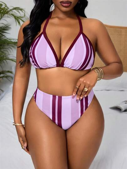 Slaydiva 2026 Spring Plus Size Striped Halter Bikini Set With Detachable Straps, High Waist Triangle Bottoms Two Pieces Swimwear For Women