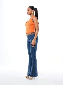 BABYPHAT Ribbed Notch Neck Graphic Tank Top With Cursive Script Print And Heart Design Summer Casual Sleeveless Tank Top - Orange - View 5