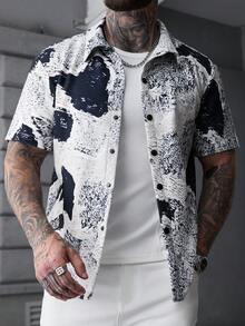 SLATEMANN 男士全印花纽扣短袖休闲衬衫，男士复古风，适合日常休闲、周末旅行、户外活动、探险旅行、轻松的工作环境或半正式场合，可作为男友/丈夫礼物、周年纪念/生日礼物、派对、夏季假期、婚礼、春夏、复活节等场合穿着。男士独特抽象印花短袖纽扣衬衫，时尚上衣，男士短袖纽扣衬衫，抽象男士夏季衬衫，男士短袖纽扣大胆印花衬衫，街头风男士衬衫，男士涂鸦艺术衬衫。 - 彩色 - 查看 1
