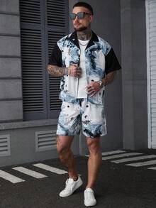SLATEMANN 男士夏季休闲印花拼接衬衫短裤套装 - 彩色 - 查看 3