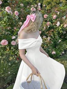 SHEIN MOD 女士优雅纯色露肩中长连衣裙，夏季 - 白色 - 查看 7