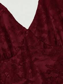 SHEIN MOD Bộ áo liền quần nữ màu đen phối ren dáng xòe - Màu Đỏ Sâu - Xem 4