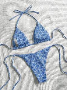 Swim Mod Women's Sexy Backless Knot Halter Printed Split Bikini Set, Beach Vacation Style - Blue - View 2