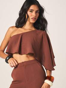 MISSGUIDED Women One Shoulder Ruffle Crop Top And Wide Leg High Waist Palazzo Pants Two Piece Coordinated Set For Fall Winter Occasions - Camel - View 2