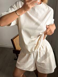 Bộ đồ ngủ ngắn tay và quần short bằng cotton dành cho nữ, kiểu dáng thường ngày, thích hợp cho mùa hè. - Màu be - Xem 6