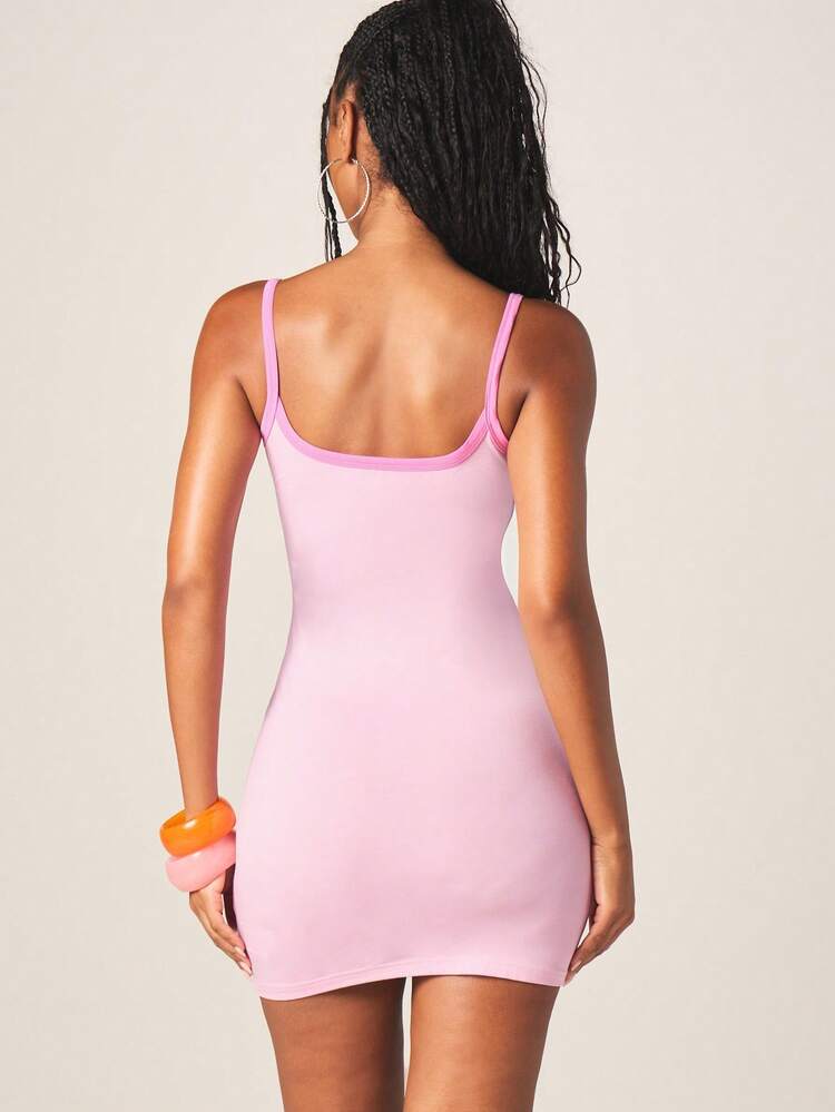 Missguided x Playboy Women's Pink Square Neck Mini Dress With Contrast Binding Logo Bodycon Sleeveless Party Cocktail Summer Casual Dress
