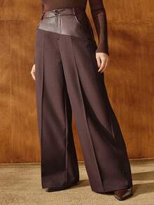 Anewsta Quần ống rộng phối da thời trang dành cho nữ cỡ lớn, thiết kế cạp cao giúp thon gọn, thích hợp cho mùa thu. - Cà phê nâu - Xem 4