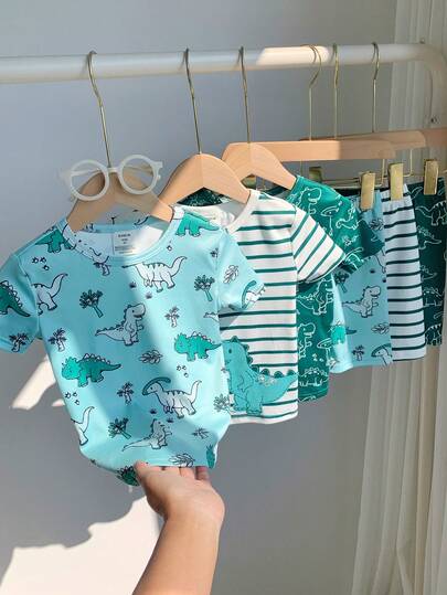 SHEIN 6pcs/Set Young Boy Snug Fit Cartoon Dinosaur & Striped Pattern Soft & Comfortable Pajama Set, Buy 2 Get 4, Suitable For Home Wear, Spring/Summer/Autumn