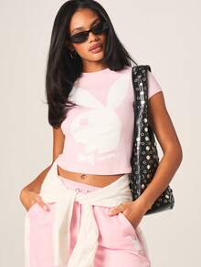 Missguided x Playboy 修身印花婴儿短袖圆领粉色棉混纺女式短款T恤，饰有白色兔子标志 - 粉色 - 查看 1