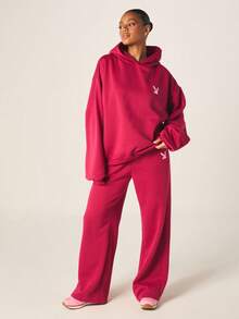 Missguided x Playboy Oversized pink-farbener Hoodie mit grafischem Rückendruck, Langarm Pullover Sweatshirt für den Winter, lässiger Streetwear-Stil - Rosenrot - Übersicht 4