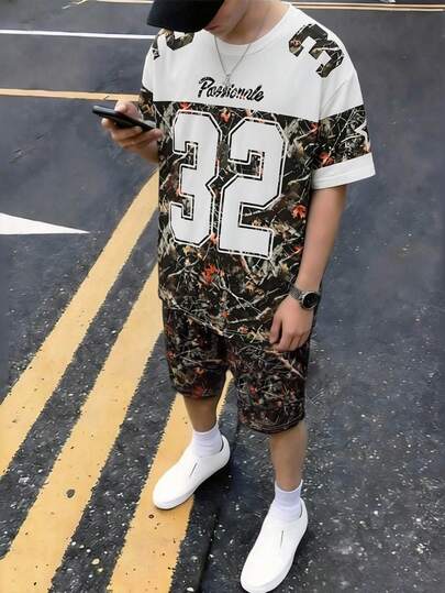 2pcs/Set Teens Boys' Loose Mesh Maple Leaf Camo Numeric Print T-Shirt And Printed Shorts, Maple Leaf Camo American Hip Hop Style, Suitable For Summer, Sports, Campus Wear