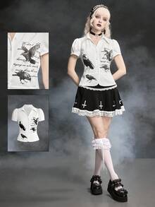 ROMWE Gothic Lolita Crow Print Puff Sleeve Fitted Women Shirt - White - View 5