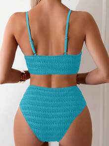 Swim Lushoire Conjunto de bikini de verano de tirantes finos y sin mangas de unicolor para mujer - Azul - Ver 2
