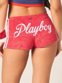 Missguided x Playboy Quần short nữ chất liệu vải bông mềm mại, có dây rút, in hình thỏ và họa tiết sọc bên hông, thích hợp mặc thường ngày vào mùa hè. - Đỏ và trắng - Xem 5