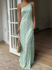 Vivid Eden Vacation Halter High Slit Bohemian Style Multicolor Print Women Dress, Green Beach Pool Sundress, Italian Summer - Aqua Blue - View 13
