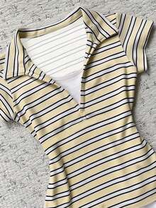 Glimmora 女士复古夏季新款黄白条纹二合一Polo衫，短袖V领修身显瘦上衣，复古休闲时尚衬衫 - 淡黃色 - 查看 5